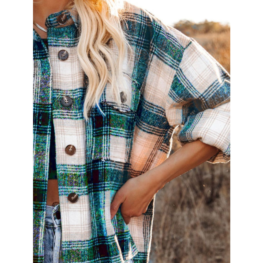 Pocketed Plaid Button Down Long Sleeve Shacket Apparel and Accessories