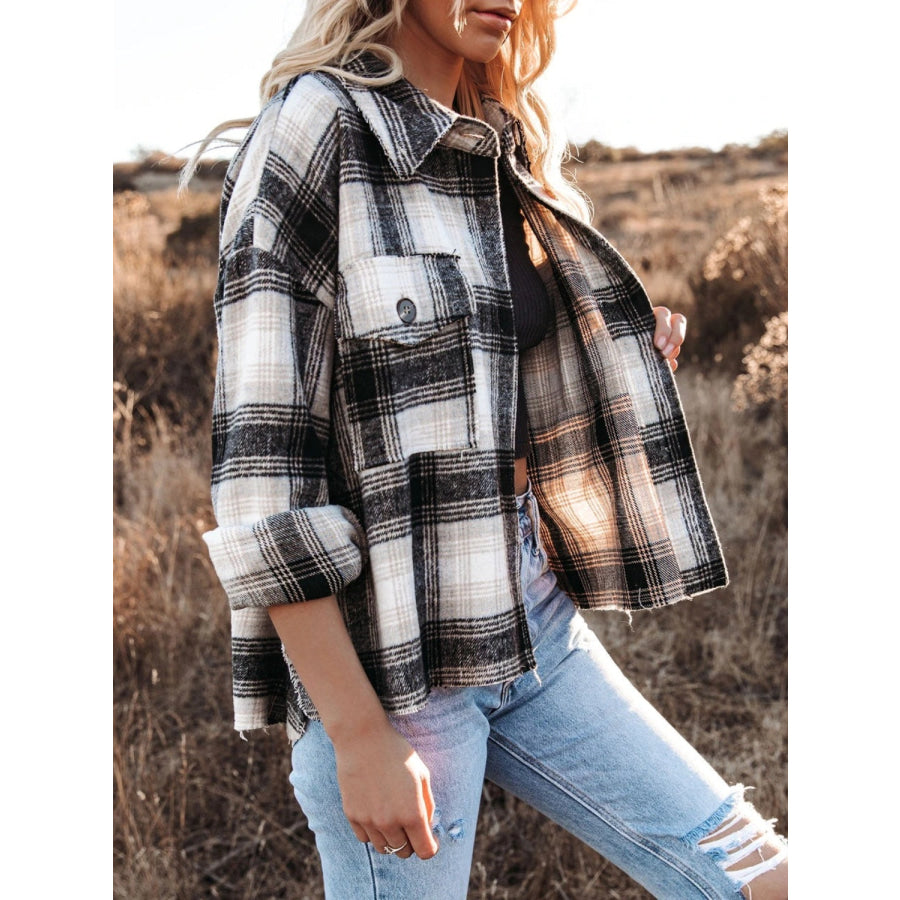 Pocketed Plaid Button Down Long Sleeve Shacket Apparel and Accessories