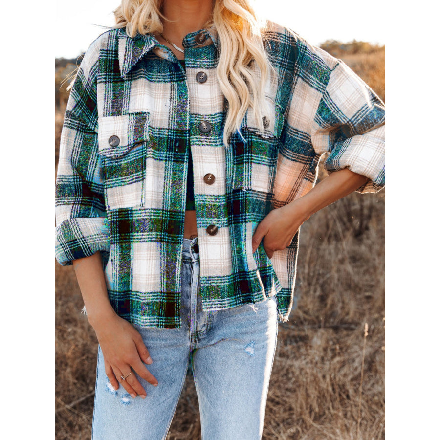 Pocketed Plaid Button Down Long Sleeve Shacket Dark Green / S Apparel and Accessories