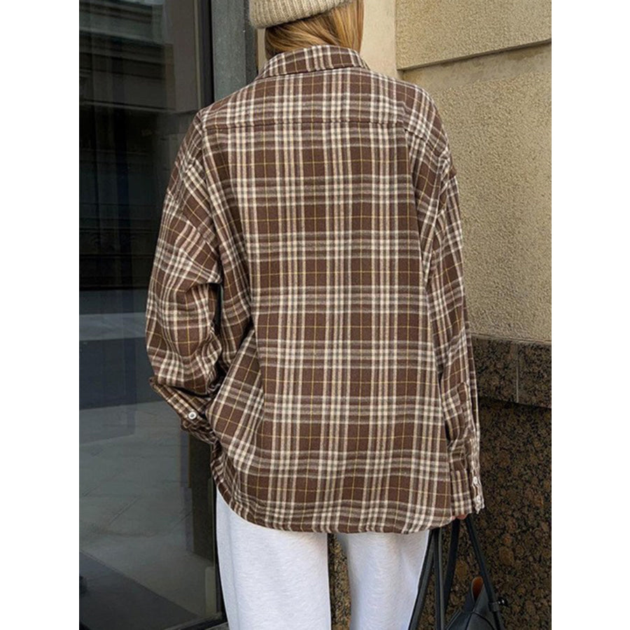 Pocketed Plaid Button Up Shacket Apparel and Accessories