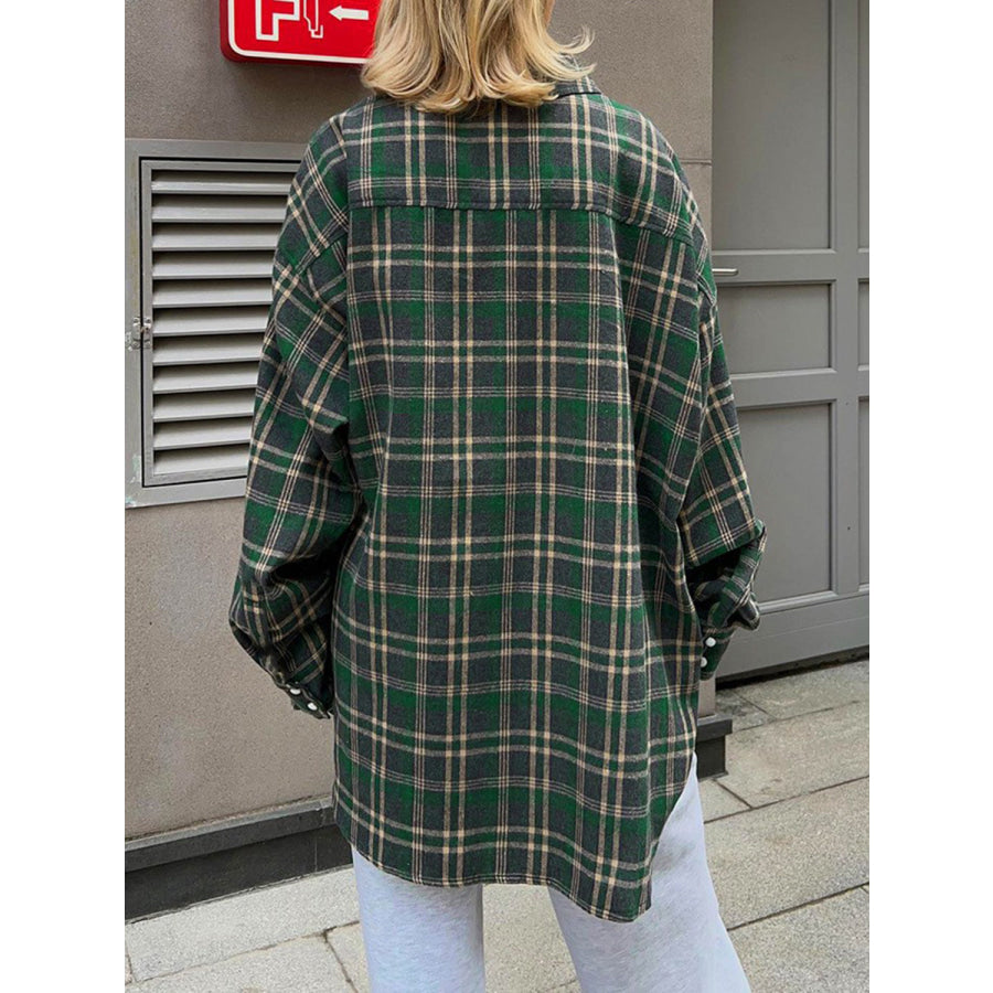 Pocketed Plaid Button Up Shacket Apparel and Accessories