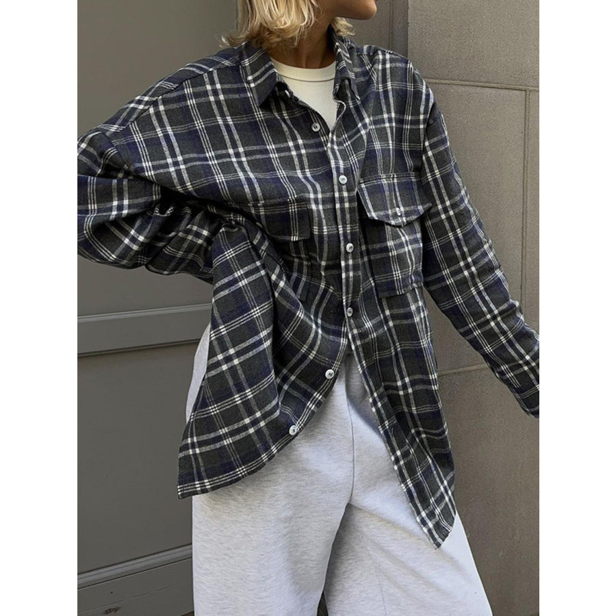 Pocketed Plaid Button Up Shacket Apparel and Accessories