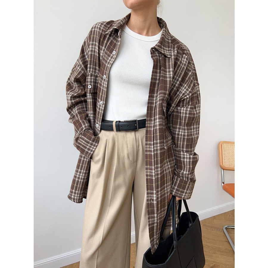 Pocketed Plaid Button Up Shacket Brown / S Apparel and Accessories