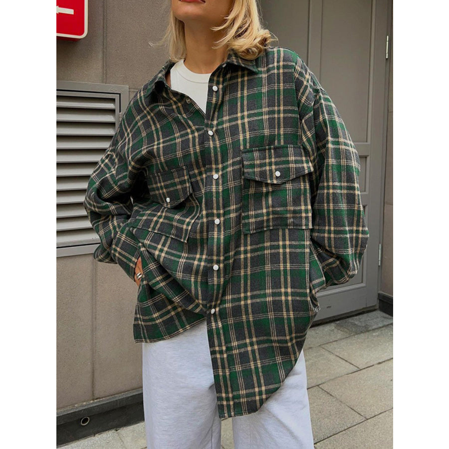 Pocketed Plaid Button Up Shacket Dark Green / S Apparel and Accessories