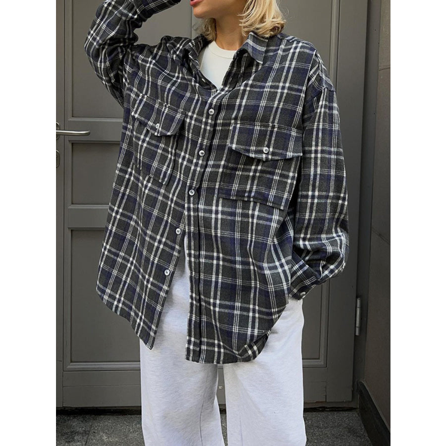 Pocketed Plaid Button Up Shacket Dark Navy / S Apparel and Accessories