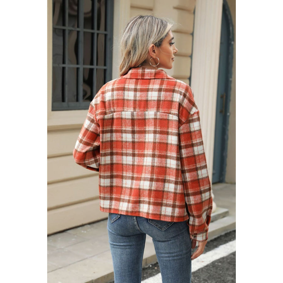 Pocketed Plaid Collared Neck Dropped Shoulder Jacket Apparel and Accessories