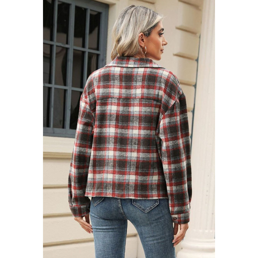 Pocketed Plaid Collared Neck Dropped Shoulder Jacket Apparel and Accessories