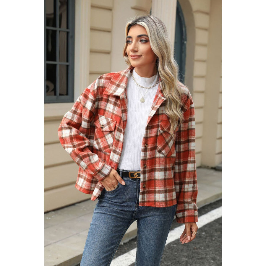 Pocketed Plaid Collared Neck Dropped Shoulder Jacket Apparel and Accessories