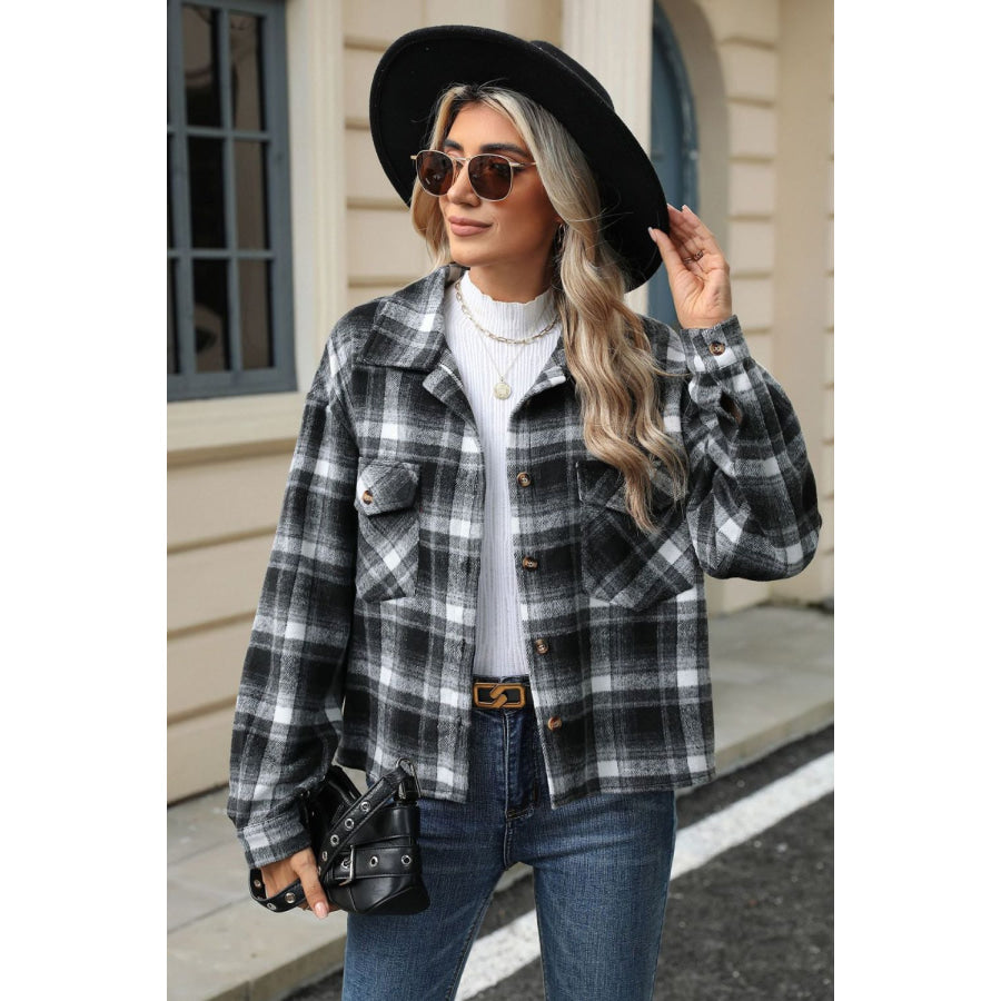 Pocketed Plaid Collared Neck Dropped Shoulder Jacket Apparel and Accessories