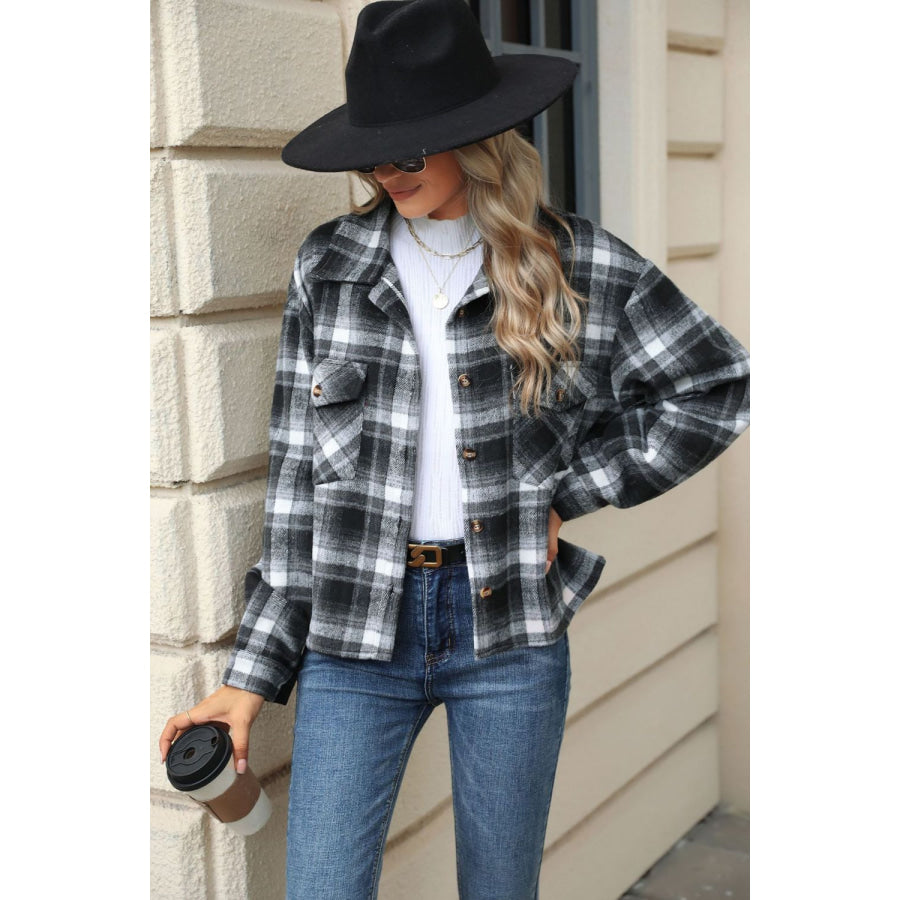 Pocketed Plaid Collared Neck Dropped Shoulder Jacket Apparel and Accessories