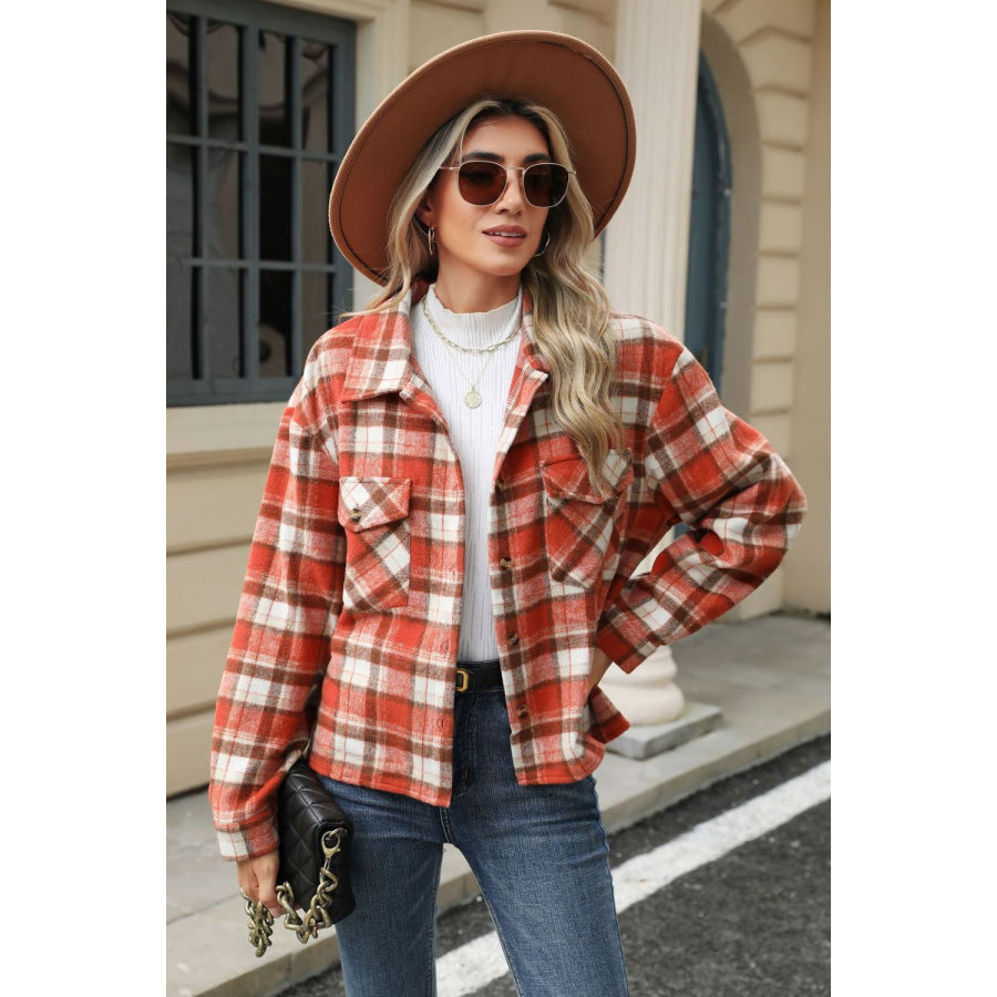 Pocketed Plaid Collared Neck Dropped Shoulder Jacket Apparel and Accessories