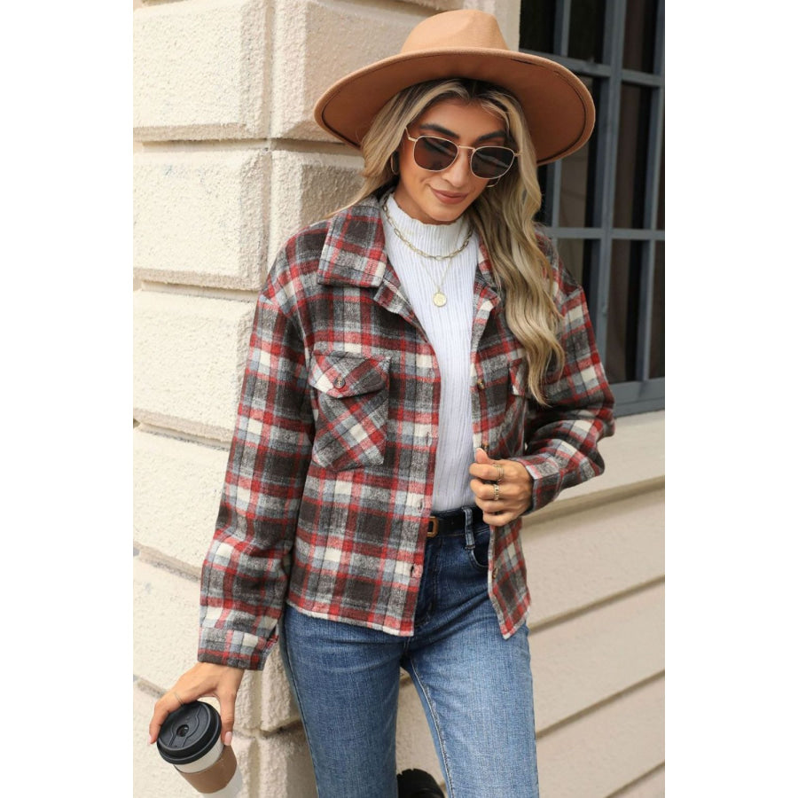 Pocketed Plaid Collared Neck Dropped Shoulder Jacket Apparel and Accessories