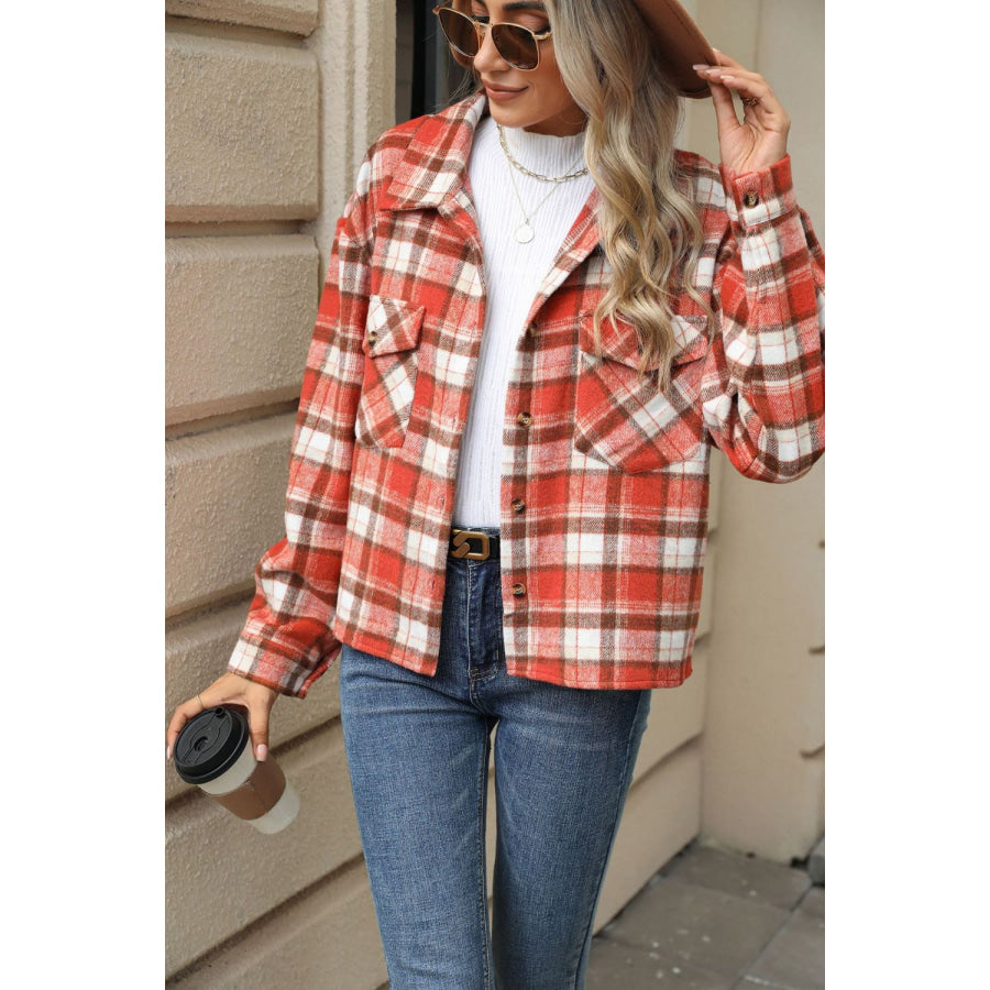 Pocketed Plaid Collared Neck Dropped Shoulder Jacket Apparel and Accessories