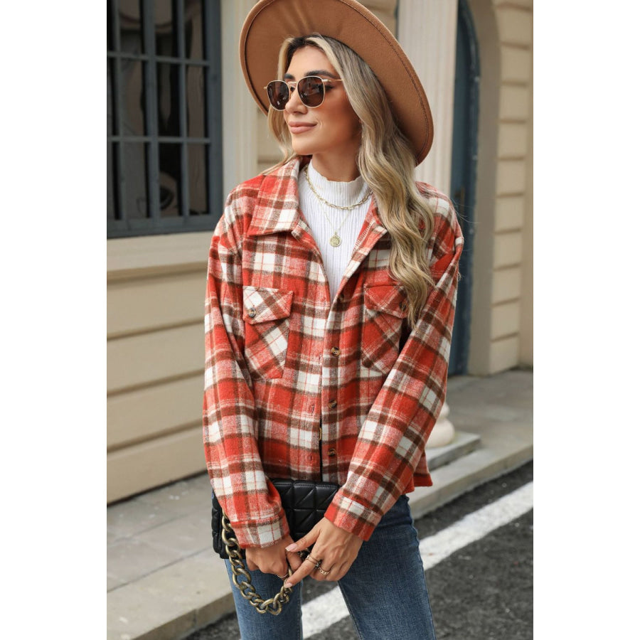 Pocketed Plaid Collared Neck Dropped Shoulder Jacket Apparel and Accessories