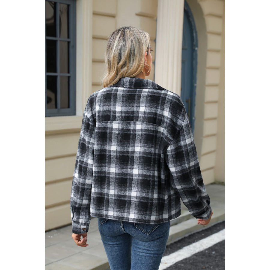 Pocketed Plaid Collared Neck Dropped Shoulder Jacket Apparel and Accessories