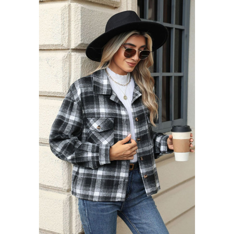 Pocketed Plaid Collared Neck Dropped Shoulder Jacket Apparel and Accessories