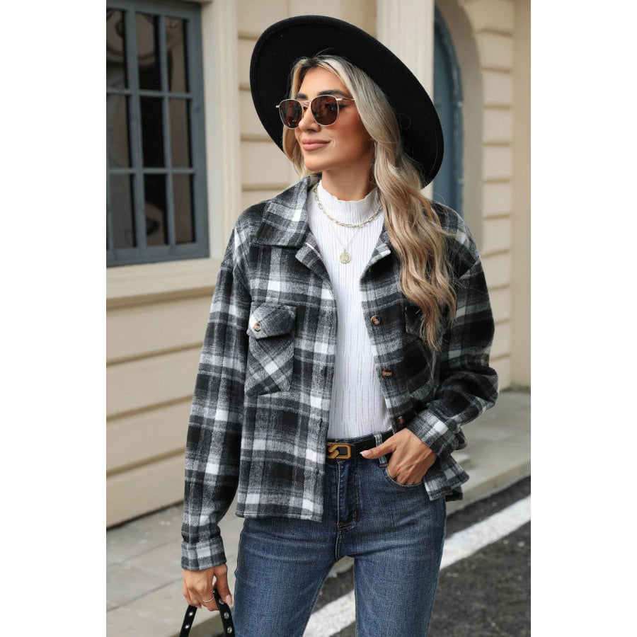 Pocketed Plaid Collared Neck Dropped Shoulder Jacket Black / S Apparel and Accessories