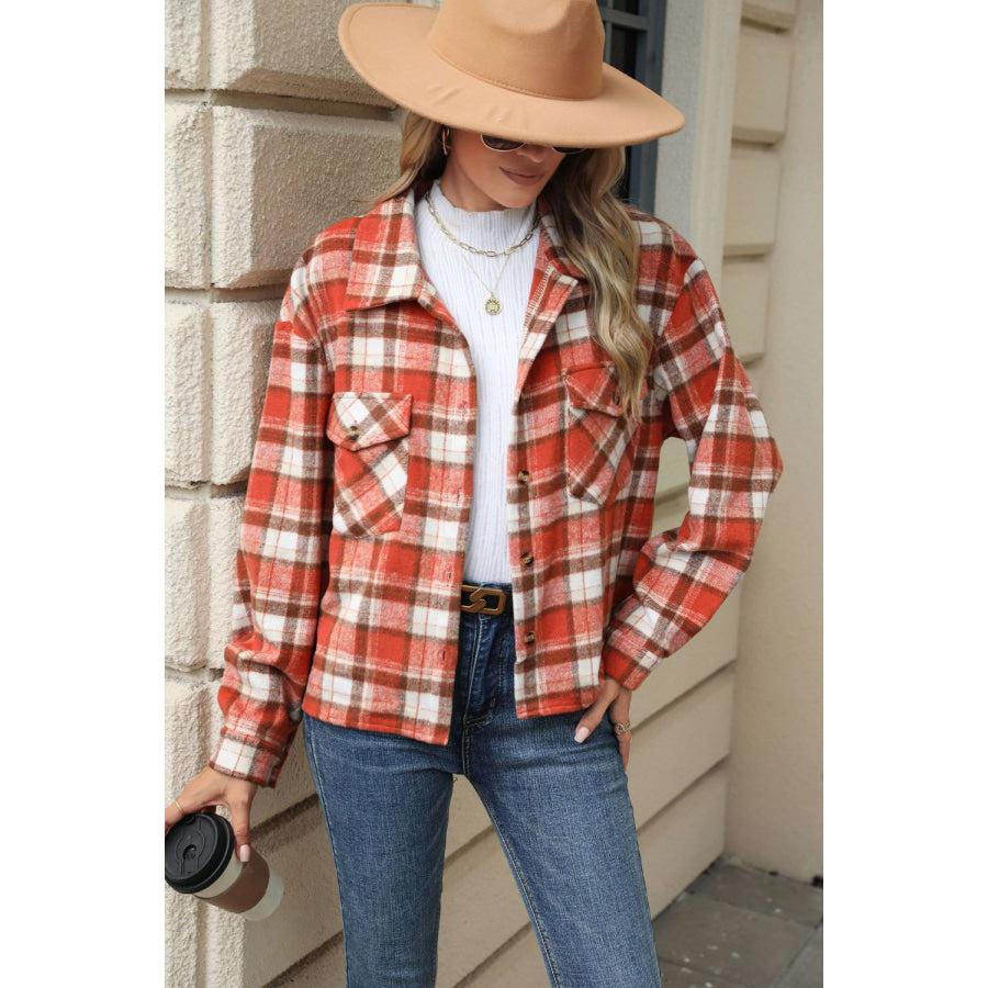 Pocketed Plaid Collared Neck Dropped Shoulder Jacket Orange / S Apparel and Accessories