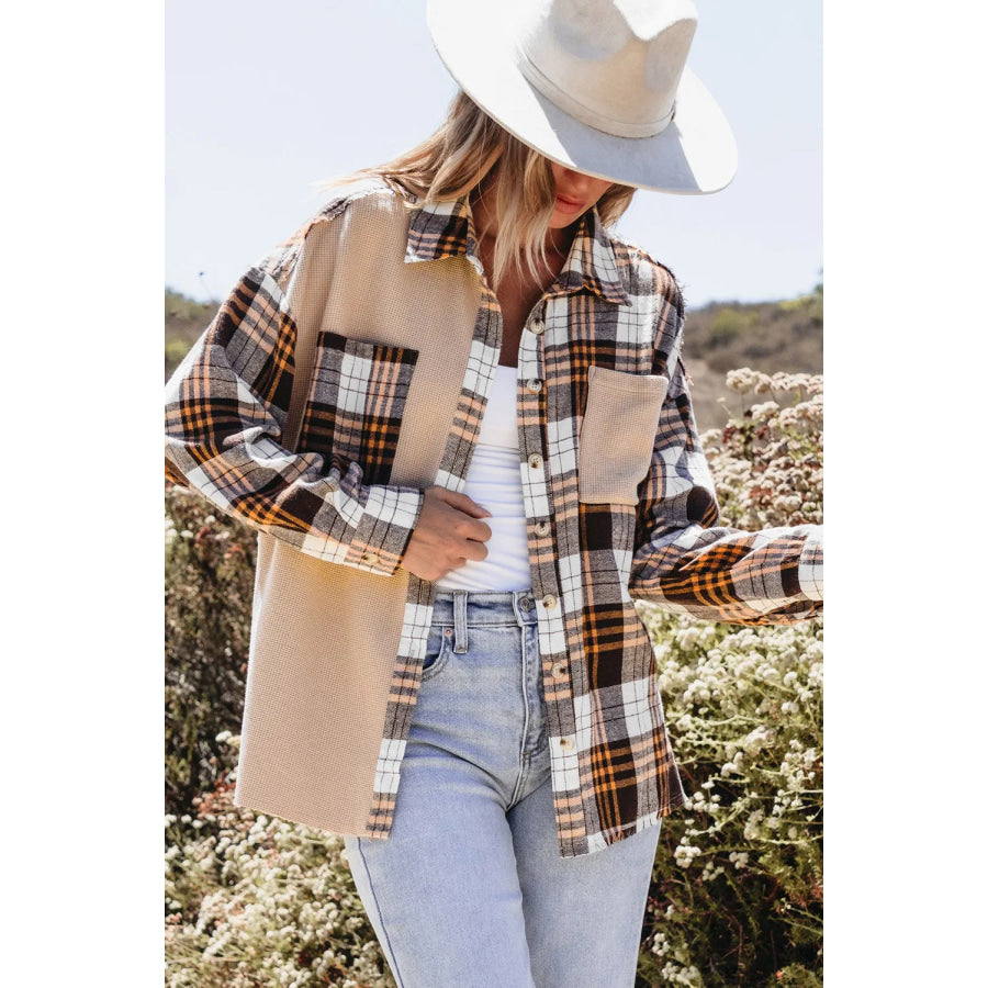 Pocketed Plaid Collared Neck Dropped Shoulder Shacket Apparel and Accessories