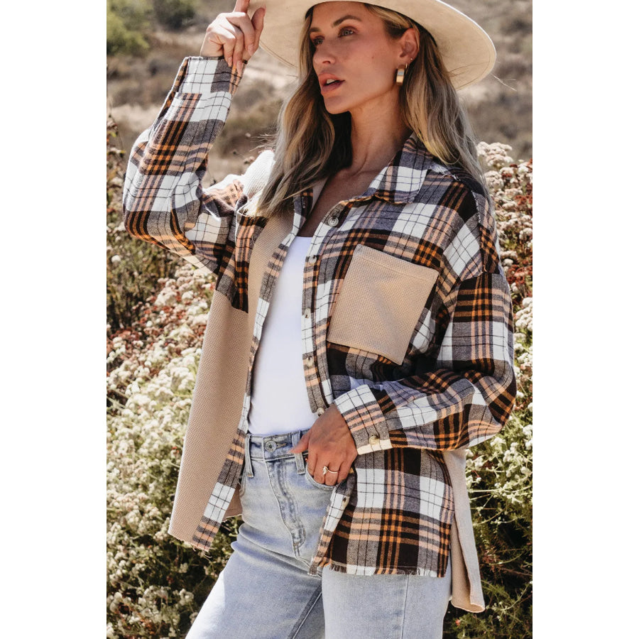 Pocketed Plaid Collared Neck Dropped Shoulder Shacket Apparel and Accessories