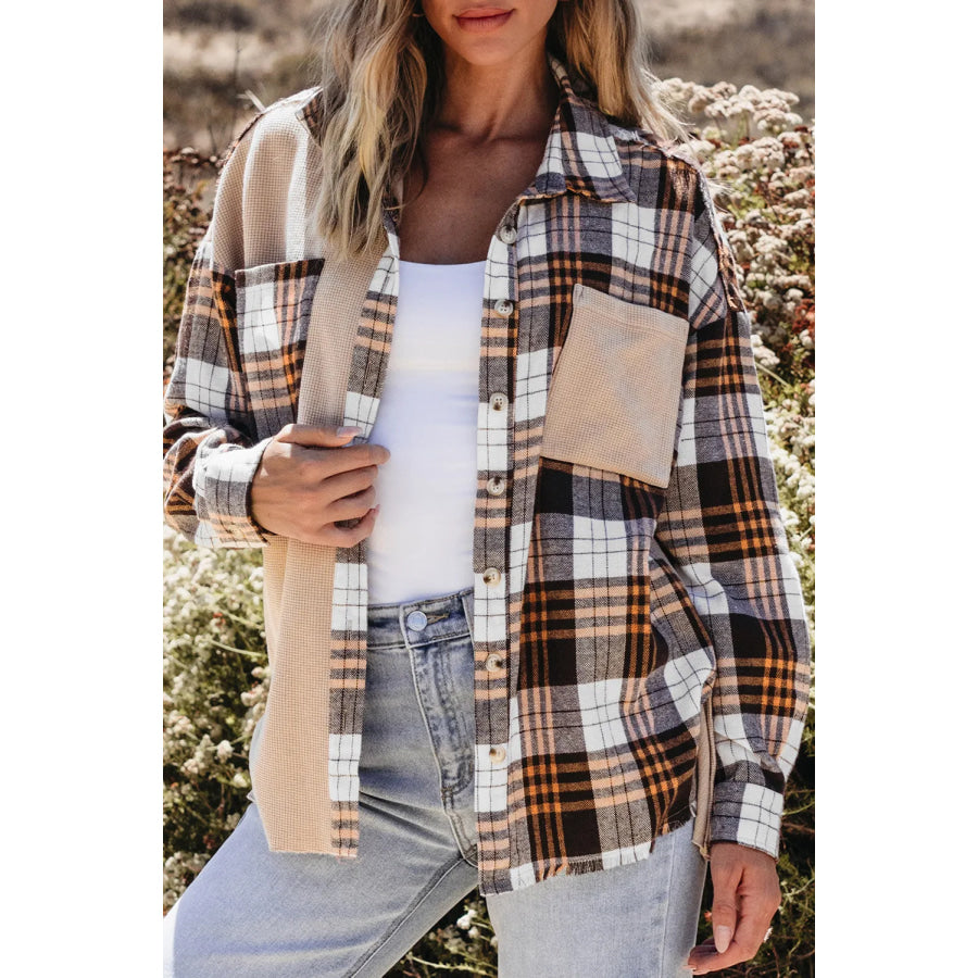 Pocketed Plaid Collared Neck Dropped Shoulder Shacket Plaid / S Apparel and Accessories