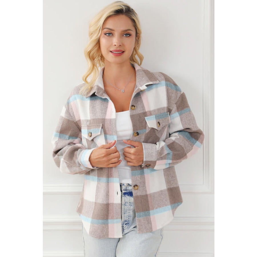 Pocketed Plaid Collared Neck Jacket Dust Storm / S