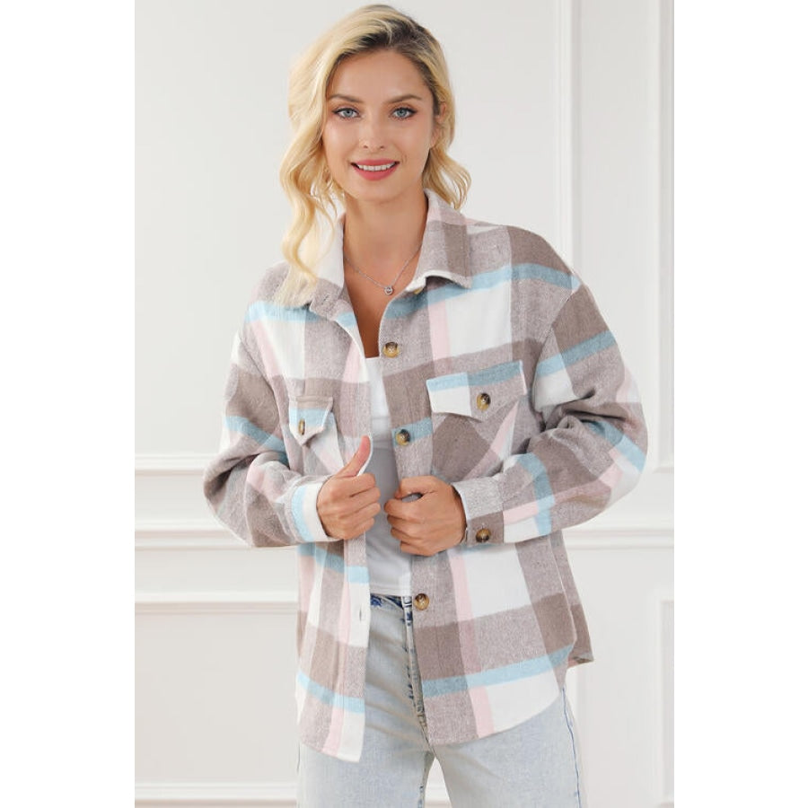 Pocketed Plaid Collared Neck Jacket