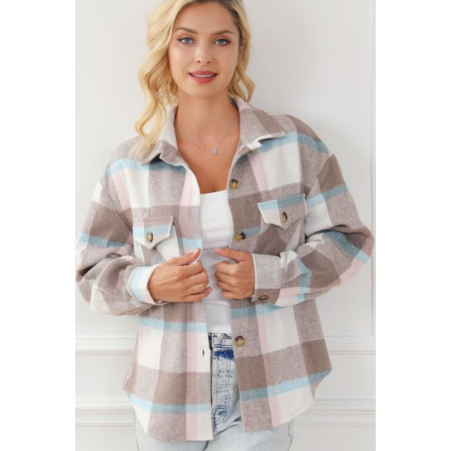 Pocketed Plaid Collared Neck Jacket