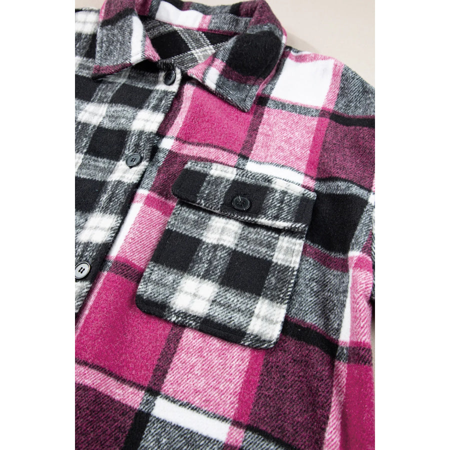 Pocketed Plaid Collared Neck Long Sleeve Shacket Apparel and Accessories