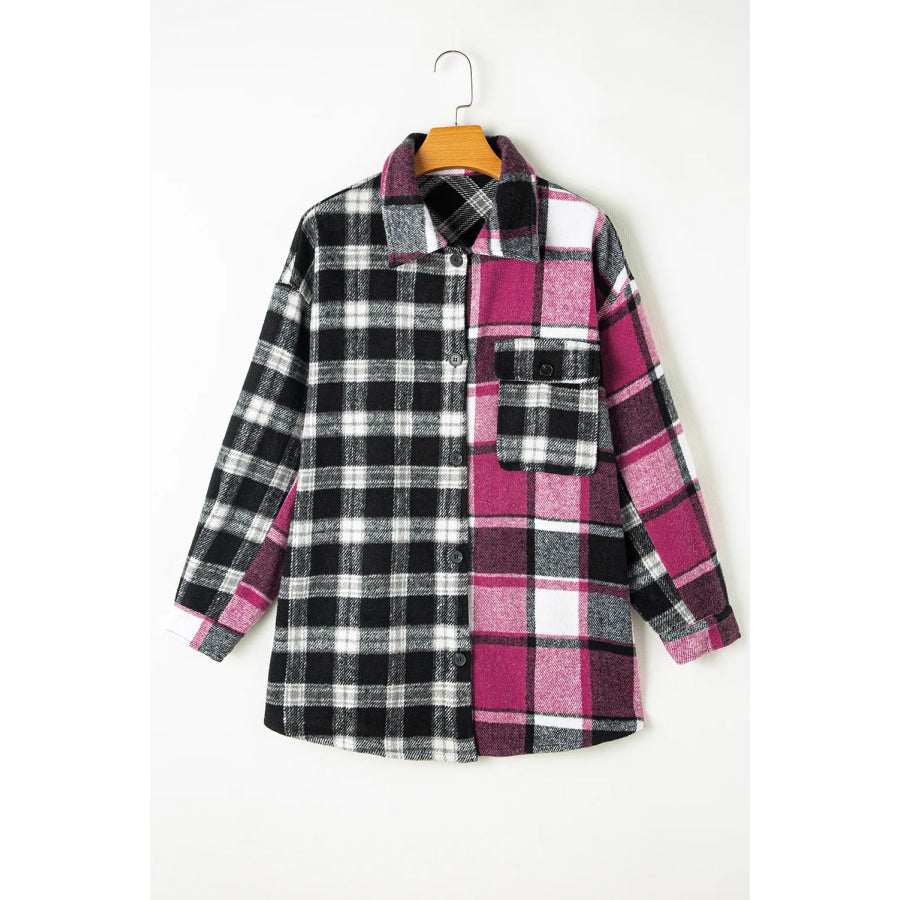 Pocketed Plaid Collared Neck Long Sleeve Shacket Apparel and Accessories