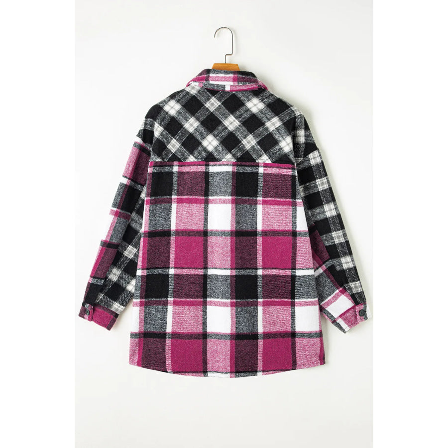 Pocketed Plaid Collared Neck Long Sleeve Shacket Apparel and Accessories