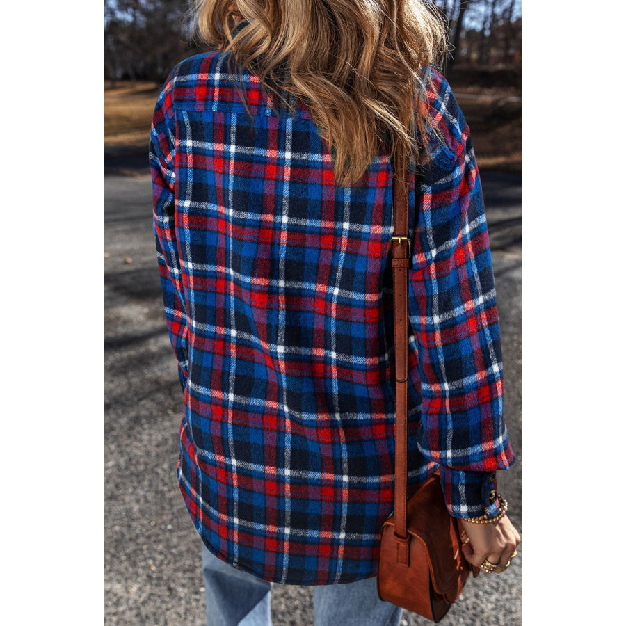 Pocketed Plaid Collared Neck Long Sleeve Shacket Apparel and Accessories