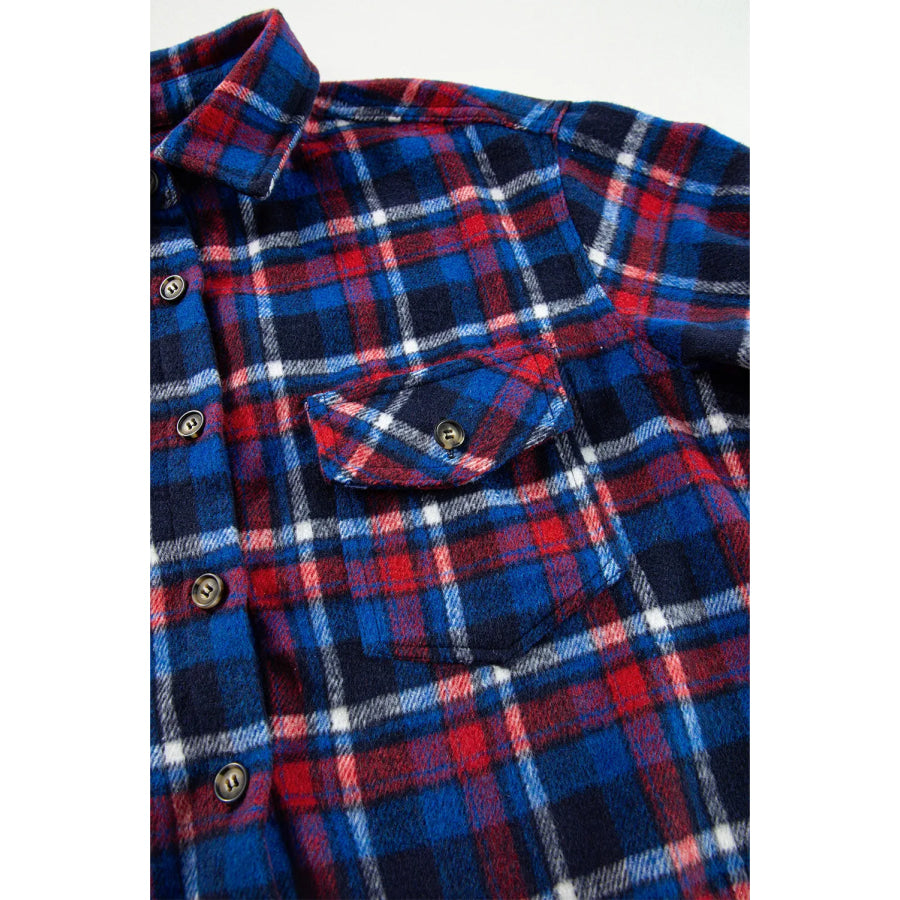 Pocketed Plaid Collared Neck Long Sleeve Shacket Apparel and Accessories