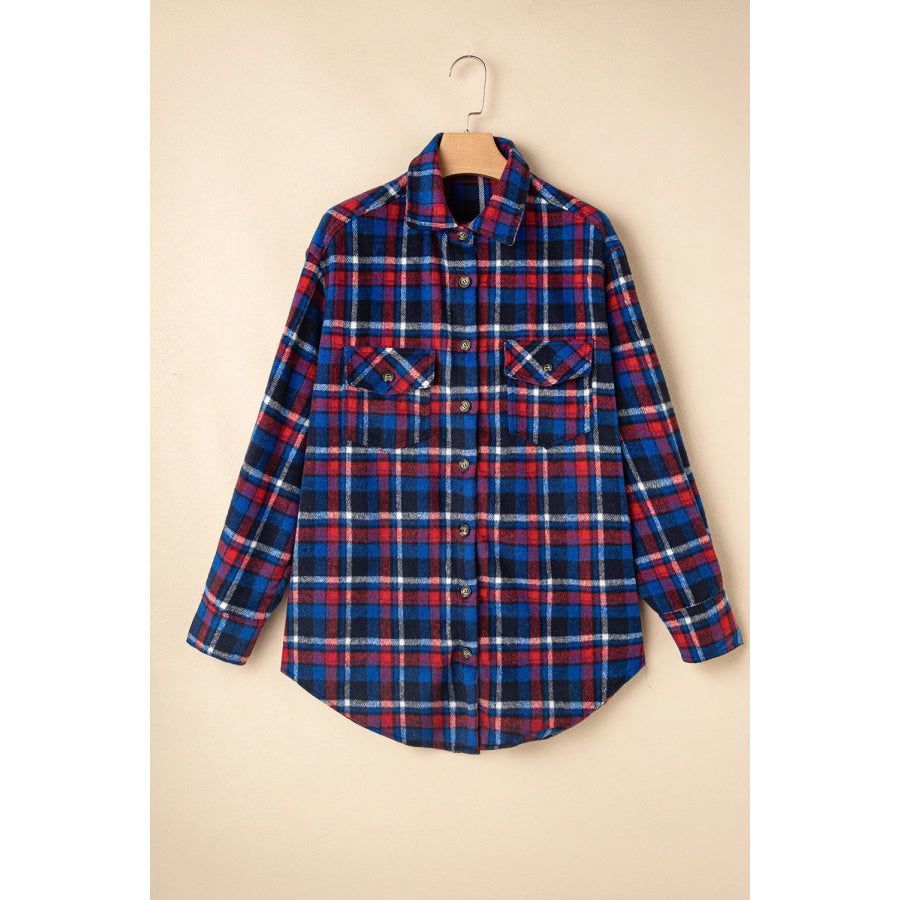 Pocketed Plaid Collared Neck Long Sleeve Shacket Apparel and Accessories