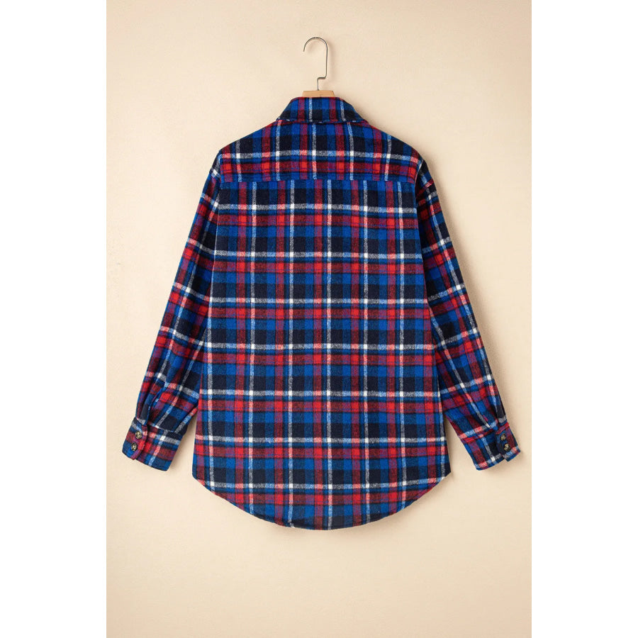 Pocketed Plaid Collared Neck Long Sleeve Shacket Apparel and Accessories