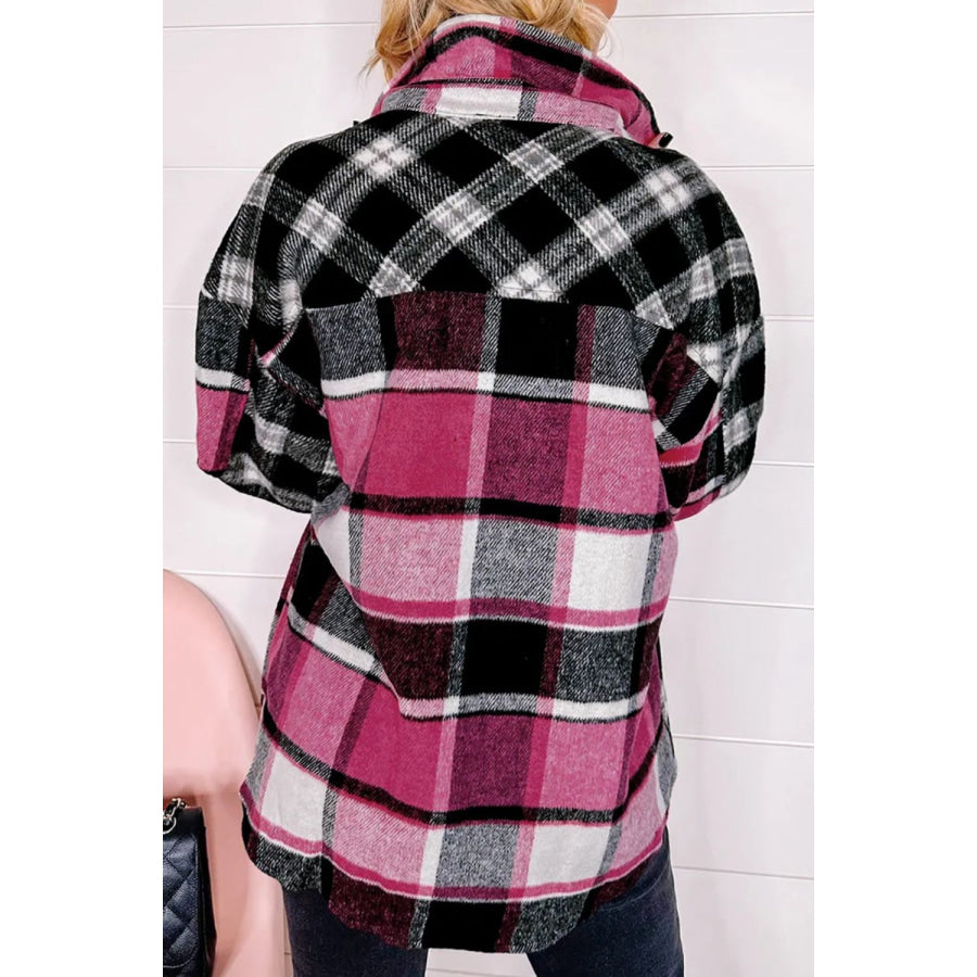 Pocketed Plaid Collared Neck Long Sleeve Shacket Apparel and Accessories