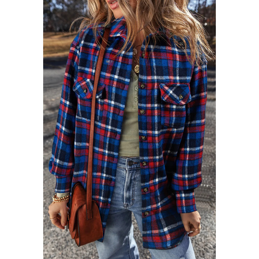 Pocketed Plaid Collared Neck Long Sleeve Shacket Plaid / S Apparel and Accessories