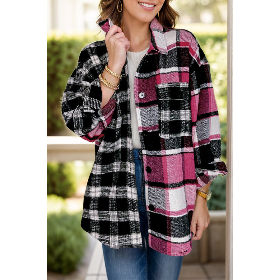 Pocketed Plaid Collared Neck Long Sleeve Shacket Plaid / S Apparel and Accessories