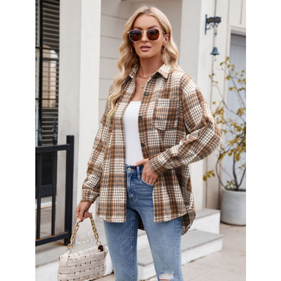 Pocketed Plaid Collared Neck Long Sleeve Shirt Apparel and Accessories