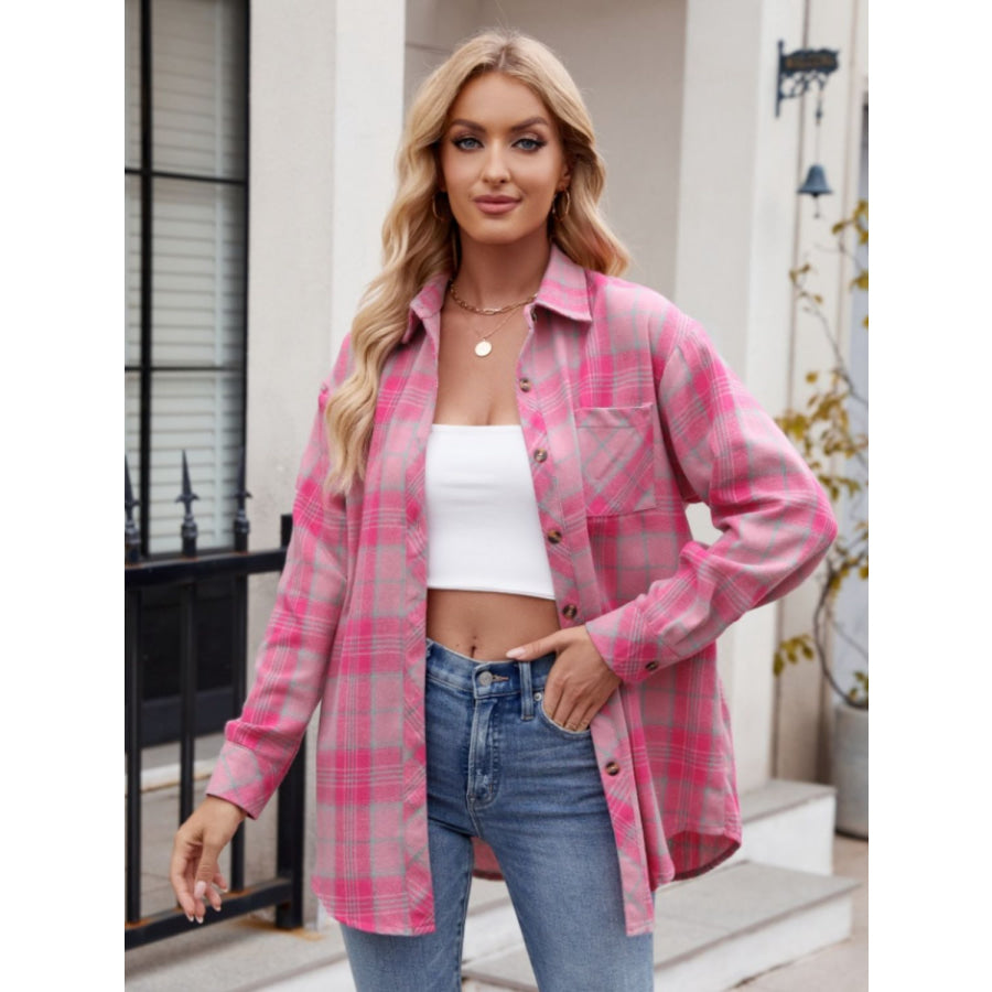 Pocketed Plaid Collared Neck Long Sleeve Shirt Apparel and Accessories