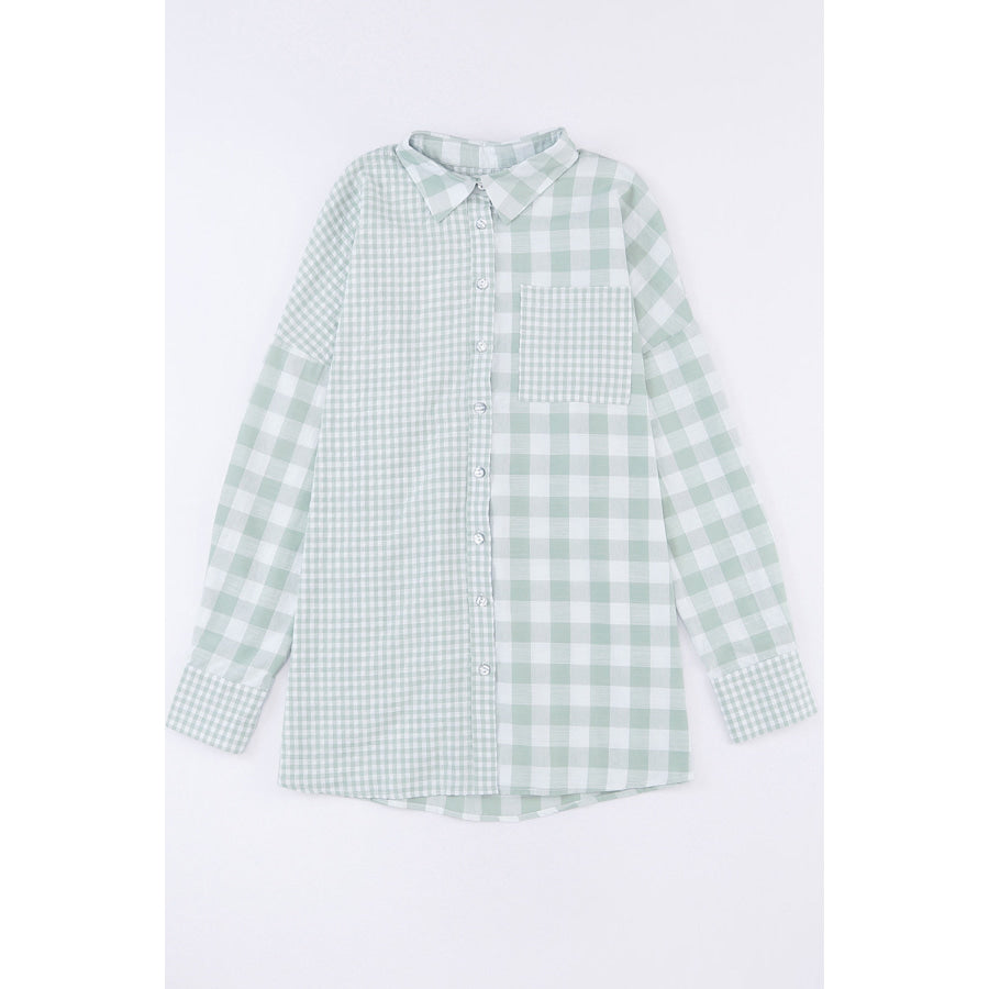 Pocketed Plaid Collared Neck Long Sleeve Shirt Apparel and Accessories