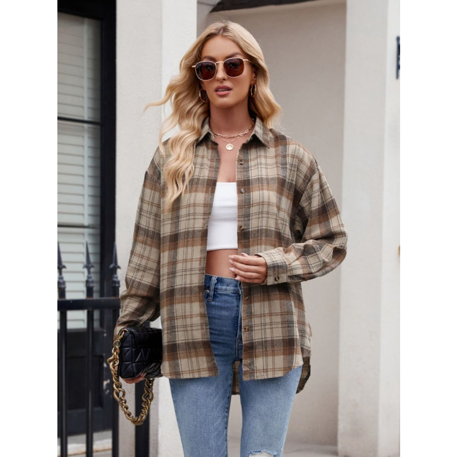 Pocketed Plaid Collared Neck Long Sleeve Shirt Apparel and Accessories
