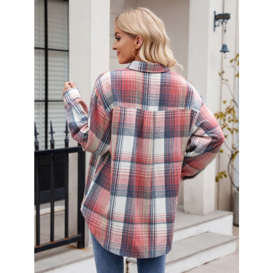 Pocketed Plaid Collared Neck Long Sleeve Shirt Orange-Red / S Apparel and Accessories