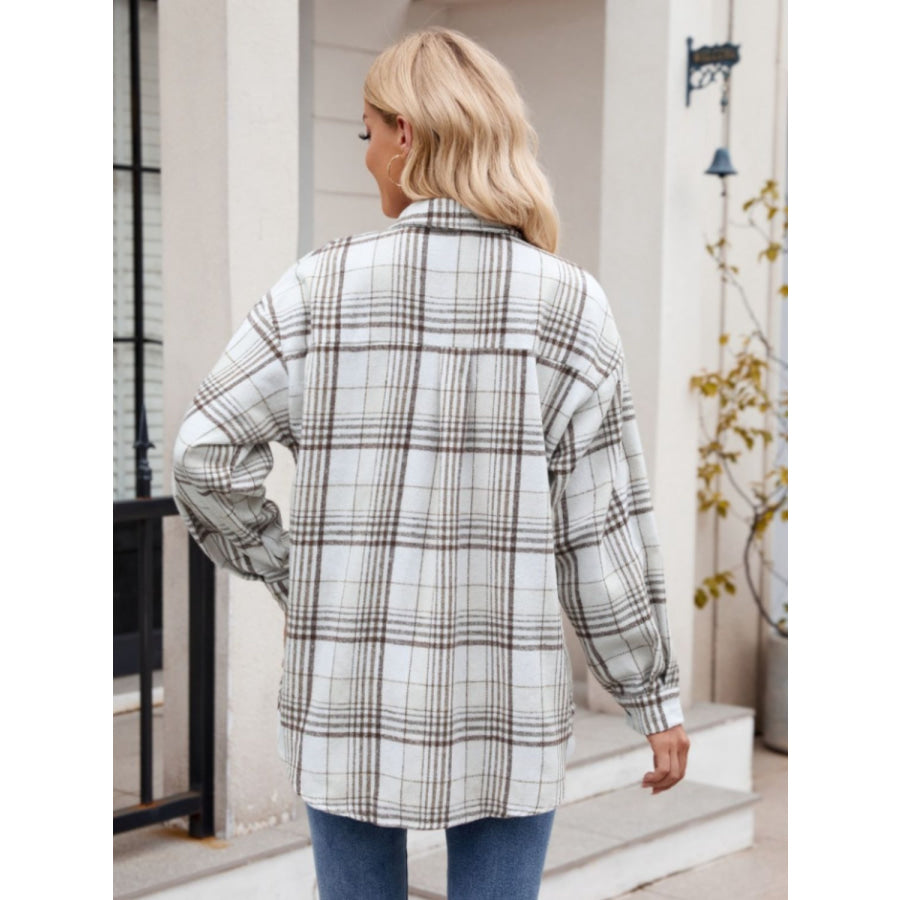 Pocketed Plaid Collared Neck Long Sleeve Shirt Apparel and Accessories