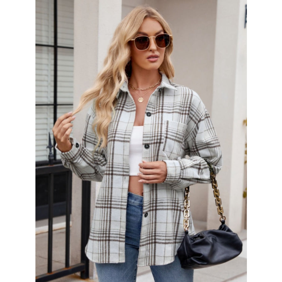 Pocketed Plaid Collared Neck Long Sleeve Shirt Apparel and Accessories