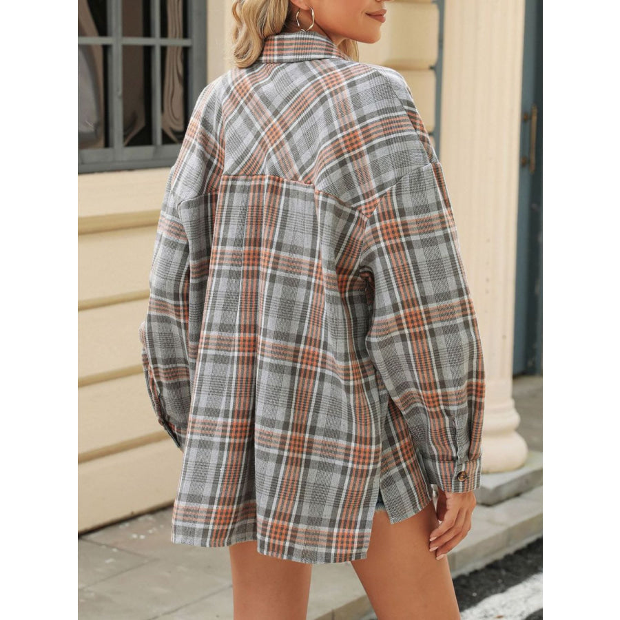 Pocketed Plaid Collared Neck Long Sleeve Shirt Apparel and Accessories