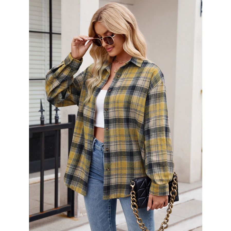Pocketed Plaid Collared Neck Long Sleeve Shirt Apparel and Accessories