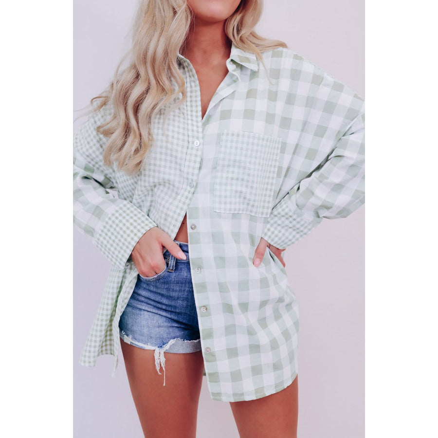 Pocketed Plaid Collared Neck Long Sleeve Shirt Apparel and Accessories