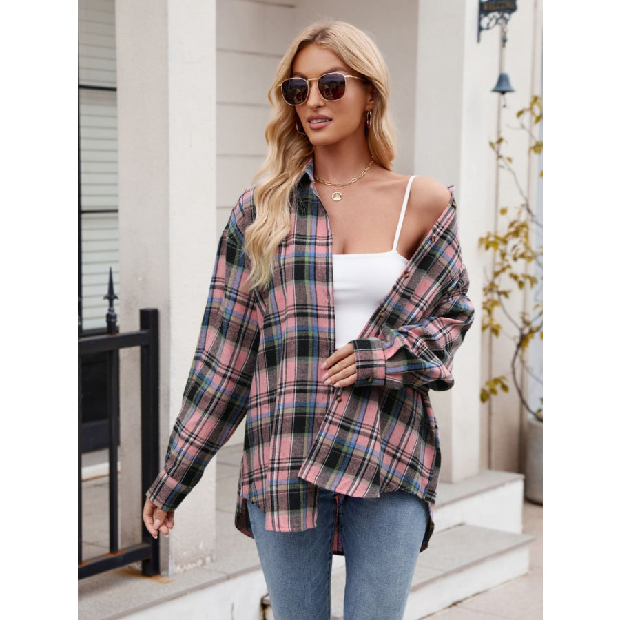 Pocketed Plaid Collared Neck Long Sleeve Shirt Apparel and Accessories