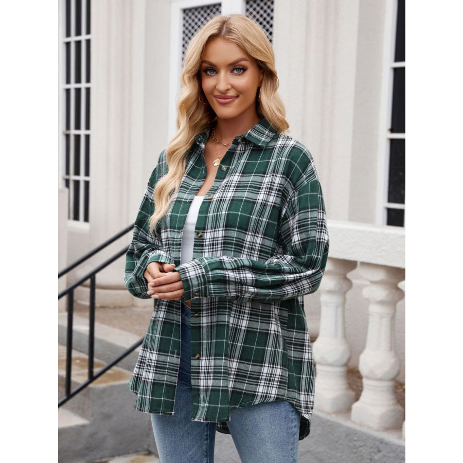 Pocketed Plaid Collared Neck Long Sleeve Shirt Apparel and Accessories